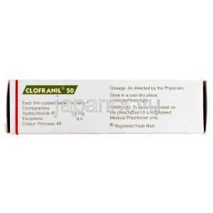 クロフラニル Clofranil, アナフラニル ジェネリック, クロミプラミン  50mg, 錠, 箱側面