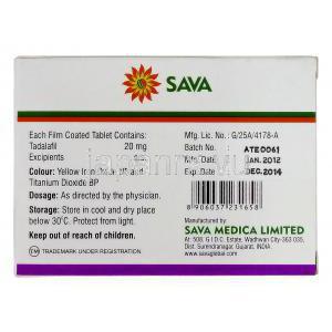 エクシラー Exilar, シアリス ジェネリック, タダラフィル 20mg, 錠, 箱裏面