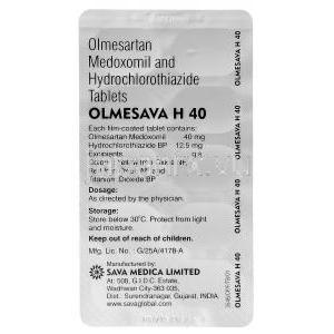 オルメサバ H Olmesava H, ベニサー HCT, オルメサルタン/ ヒドロクロロチアジド 40mg 12.5mg 配合錠, 包装裏