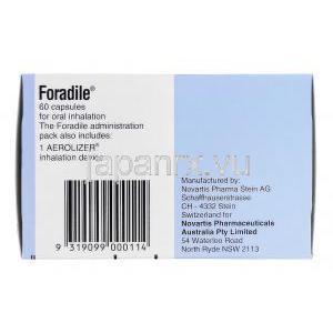 フォラディル Foradile, フォルモテロール（ホルモテロール）  0.012mcg (Australia) 箱側面