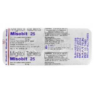 ミソビット Misobit, セイブル ジェネリック, ミグリトール 25mg, 箱, 包装裏面