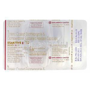 エサクティブ Esaktive D, エソメプラゾール ドンペリドン  SR  20mg 30mg カプセル, 包装裏面