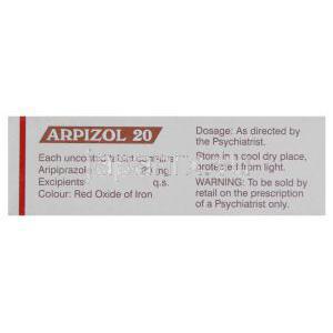 ジェネリック・アビリファイ, アリピプラゾール 20MG錠 , Arpizol, (Sun pharma) ボックス裏面