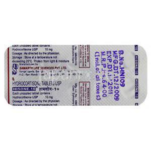 ヒドロコルチゾン (コートリルジェネリック), Hisone, 10mg 錠 (Samarth) 包装裏面