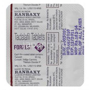 タダラフィル, Forzest, 20mg 錠 (Ranbaxy) 包装裏面