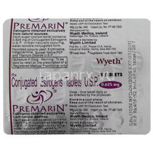 結合型エストロゲン 0.625mg 錠(Wyeth) 包装裏面