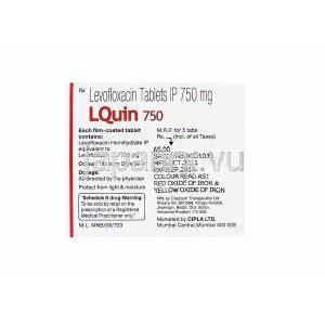 エルクイン750　LQuin 5750, クラビットジェネリック, レボフロキサシン500mg　箱面製造情報
