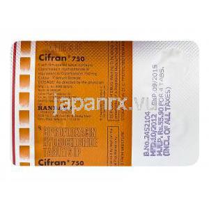 シフラン750　Cifran750、ジェネリックシプロ、シプロフロキサシン750mg　包装裏面