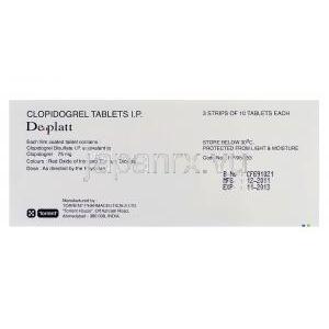  デプラット　Deplatt、ジェネリックプラビックス、クロピドグレル75mg　箱裏製造情報