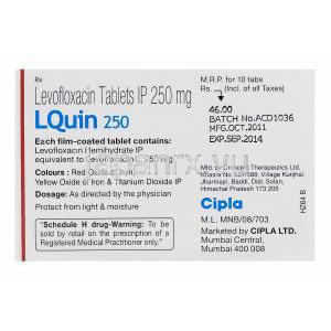 エルクイン250　LQuin 250、 ジェネリックレバクイン、 レボフロキサシン250mg　箱裏情報