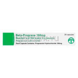 ベータプログレインSR、ジェネリックインデラル、プロプラノロール塩酸塩160mg　箱横面