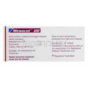 Mesacol OD　メサコール、ジェネリックアサコール、メサラミン1.2mg　箱裏面情報
