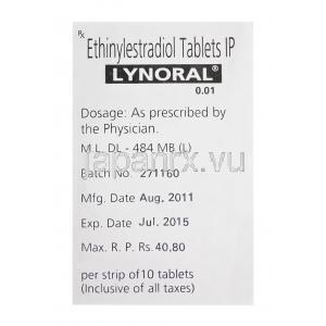Lynoral　リノラル、エチニルエストラジオール0.01mg　箱バッジ