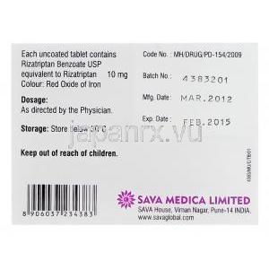 Bioritz-10　ビオリッツ、ジェネリックマクサルト、リザトリプタン10mg　箱裏面