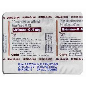 タムスロシン, Urimaxカプセル 0.4MG (CIPLA)