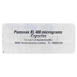 Pamsvax XL　パムスバックス、ジェネリックフロマックス、タムスロシン塩酸塩400mcg　包装裏