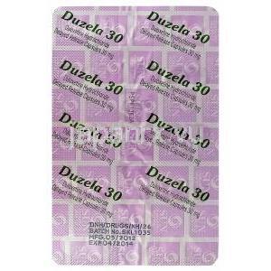 Duzela30　デュゼラ30、ジェネリックシンバルタ、デュロキセチン30mg　包装シート