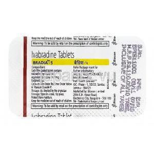Bradia-5　ブラディア、ジェネリックコララン、イバブラジン5mg　包装裏面