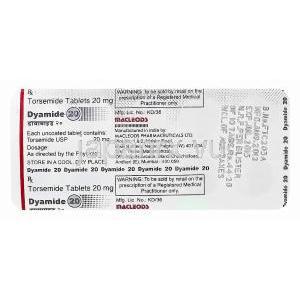 ダイアミド Dyamide20、ジェネリックデマデックス DEMADEX、トルセミド20mg　包装シート