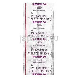 パキセル　Pexep30、ジェネリックパキシル、パロキセチン塩酸塩30mg 包装シート