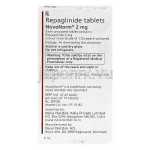 ノボノーム　NovoNorm、レパグリニド2mg　包装裏面