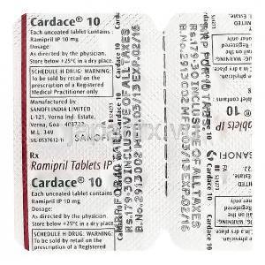 Cardace　カーデース、Altace　ジェネリックアルテース、ラミプリル10mg　包装裏面
