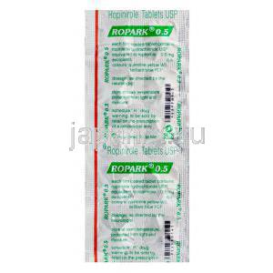 ロパーク　Ropark 0.5、ジェネリックレキップ、ロピニロール0.5mg　包装面情報
