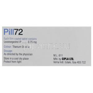 ピル-72  Pill-72, ミレーナ ジェネリック, レボノルゲストレル 0.75mg 錠 (Cipla) 箱裏面