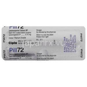ピル-72  Pill-72, ミレーナ ジェネリック, レボノルゲストレル 0.75mg 錠 (Cipla) 包装裏面