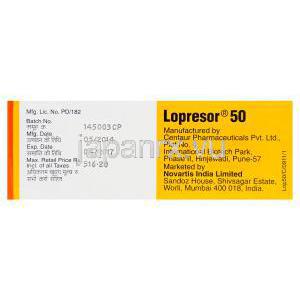 ロプレッサー　Lopresor50、メトプロロール酒石酸塩50mg　製造会社