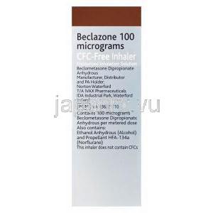 ベクラゾーンノンフロン吸入器　Beclazone、ベクロメタゾン無水100mcg 200MD　箱裏情報
