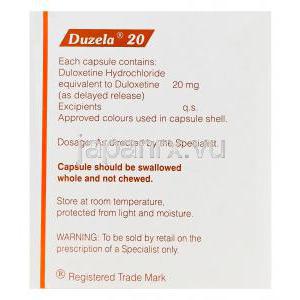 デュゼラ　Duzela、ジェネリックシンバルタ、デュロキセチン20mg　箱裏情報