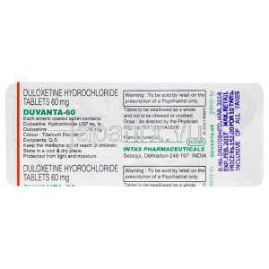 デュバンタ　Duvanta、ジェネリックシンバルタ、デュロキセチン　60mg　包装裏面