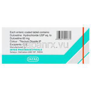デュバンタ　Duvanta、ジェネリックシンバルタ、デュロキセチン　60mg　製造情報