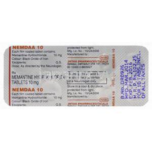 ナムダ　Nemdaa　10、ジェネリックナメンダ、メマンチン塩酸塩　10mg　包装裏面