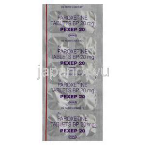 パキシル Pexep 20、ジェネリックパキシル、パロキセチン塩酸塩 20mg　包装シート