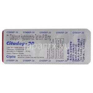 シタロプラム （セレクサジェネリック）, シタデップ Citadep 20mg 錠 (Cipla) 包装裏面