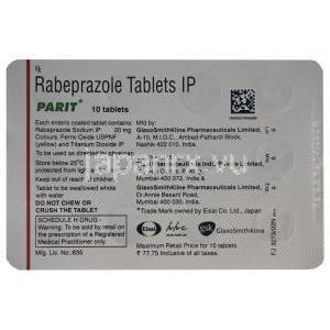 パリット　Parit、ラベプラゾールナトリウム　20mg　包装裏面