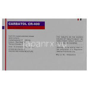 カルバトール　Carbatol CR-400、ジェネリックテグレトール、カルバマゼピン　400mg　箱裏面