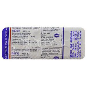 ピオズ 30 アクトスジェネリック　ピオグリタゾン　30mg 錠　シート　情報