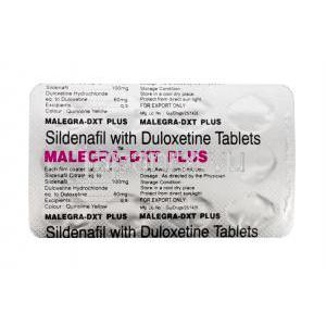 マレグラDXTプラス，シルデナフィル 100mg／デュロキセチン 60mg 錠剤　シート情報