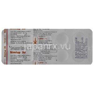 シンバスタチン, シンボチン Simvotin, 20mg  錠 (Stancare Pharmaceuticals) 包装裏面