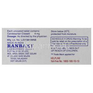 カンデサール Candesar (ブロプレス ジェネリック) カンデサルタン 4mg 錠 (Ranbaxy) 製造者情報・成分