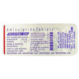 スルピタック, アミスルピリド 100mg 錠 (Sun Pharma) 包装裏面