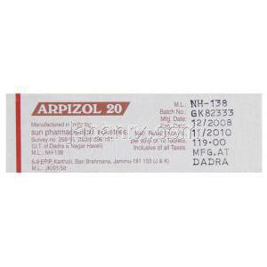 アリピゾル, アリピプラゾール 20MG錠 , Arpizol, (Sun pharma)