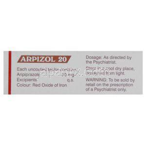 アリピゾル, アリピプラゾール 20MG錠 , Arpizol, (Sun pharma) ボックス裏面