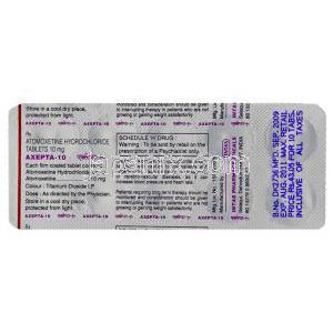 アクセプタ, アトモキセチン10mg 錠 (Intas) 包装裏面