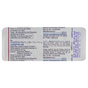 アクセプタ, アトモキセチン 40mg 錠 (Intas) 包装裏面