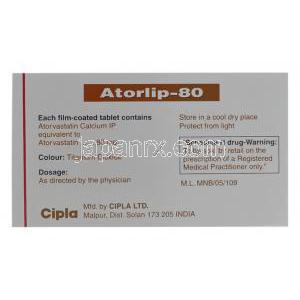 アトルリップ, リピトール ジェネリック 80mg　箱裏情報