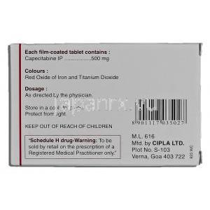 ケープガード, カペシタビン 500mg 錠 (Cipla) 箱裏面